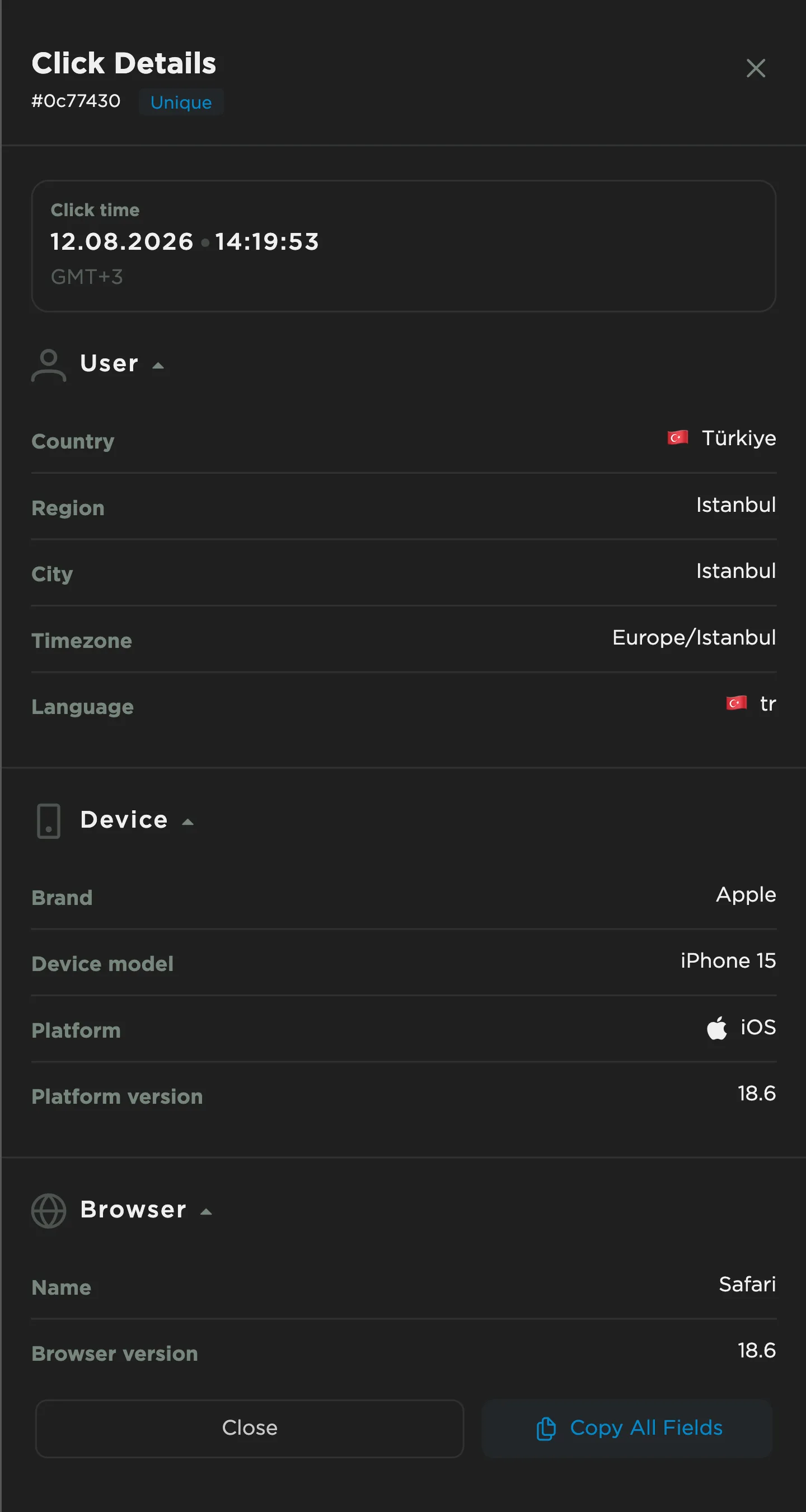 Tıklama zamanı ve saat dilimi, ülke, bölge, şehir, dil, cihaz markası ve modeli, platform ve tarayıcı sürümleri ile bağlantı bilgilerini gösteren tıklama ayrıntıları paneli